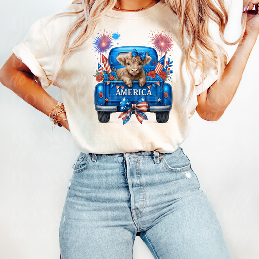 Highland Cow Blue Truck- patriotic