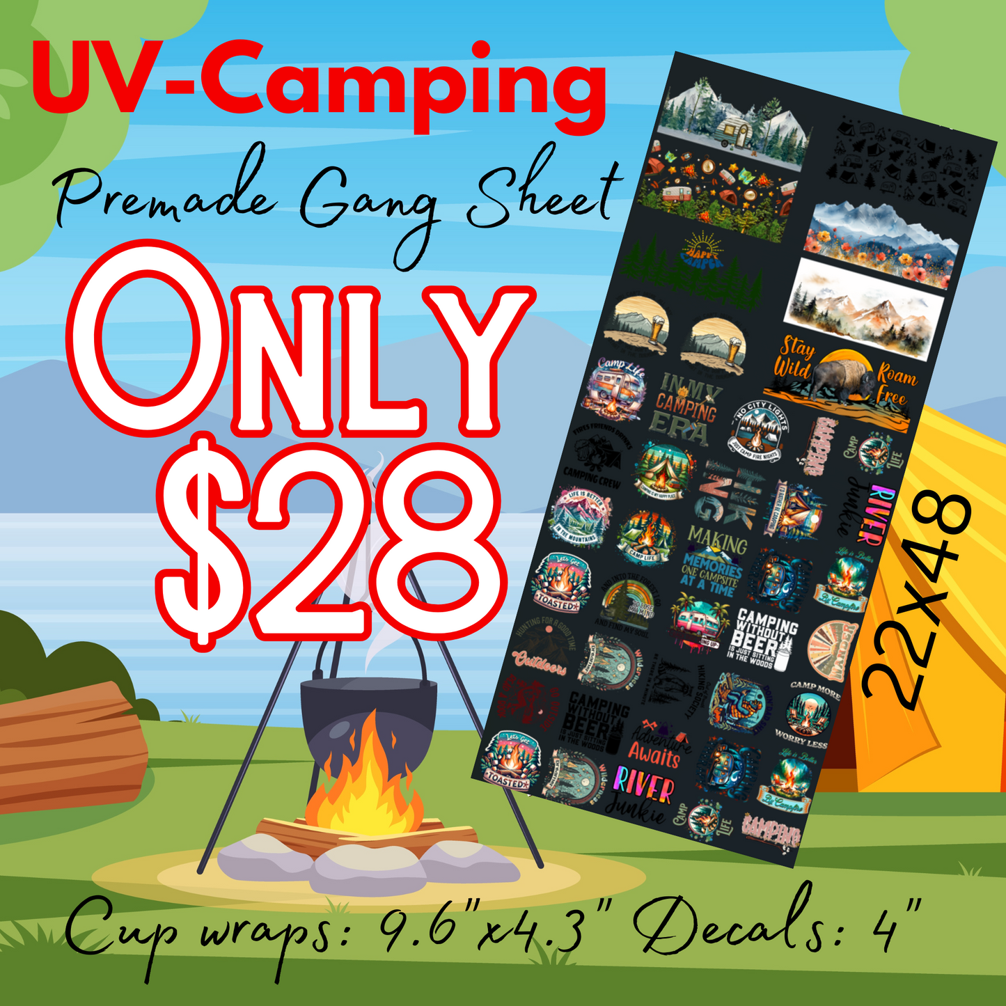 22x48 Camping Premade UV DTF