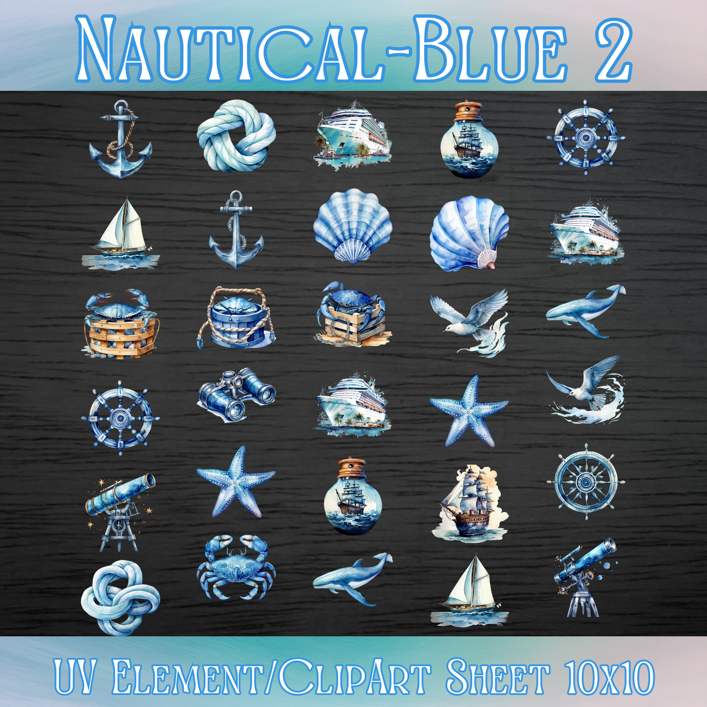 UVDTF 10x10 Element/Clipart Sheet - Nautical Blue 2