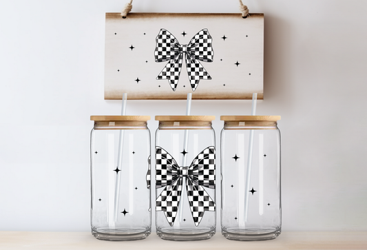 UVDTF 16oz CUP WRAP - Black & White Checker Bow