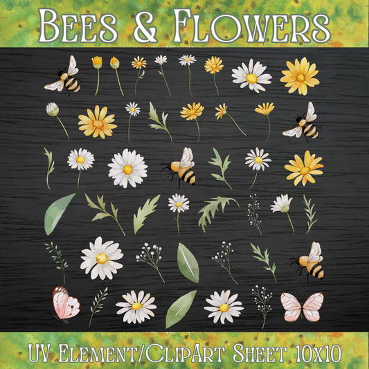 UVDTF 10x10 Element/Clipart Sheet - Bees & Flowers