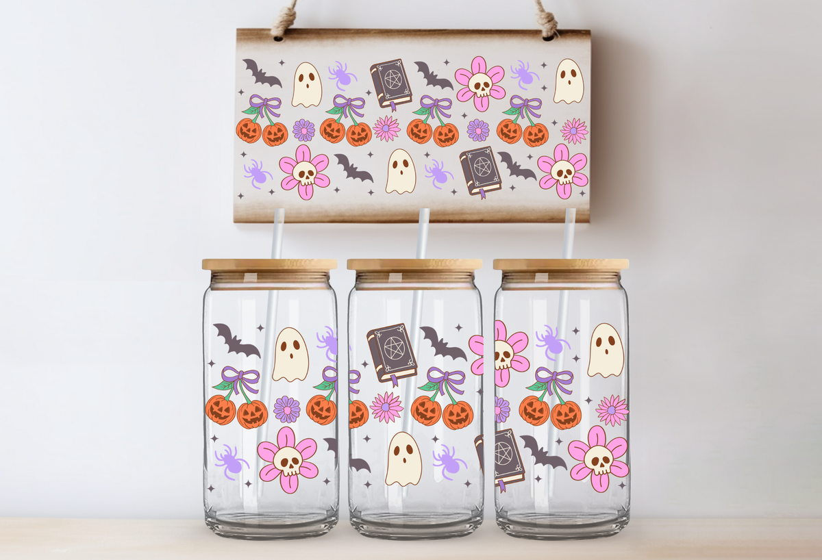 Halloween Icons & Pink Flowers UVDTF 16oz Cup Wrap