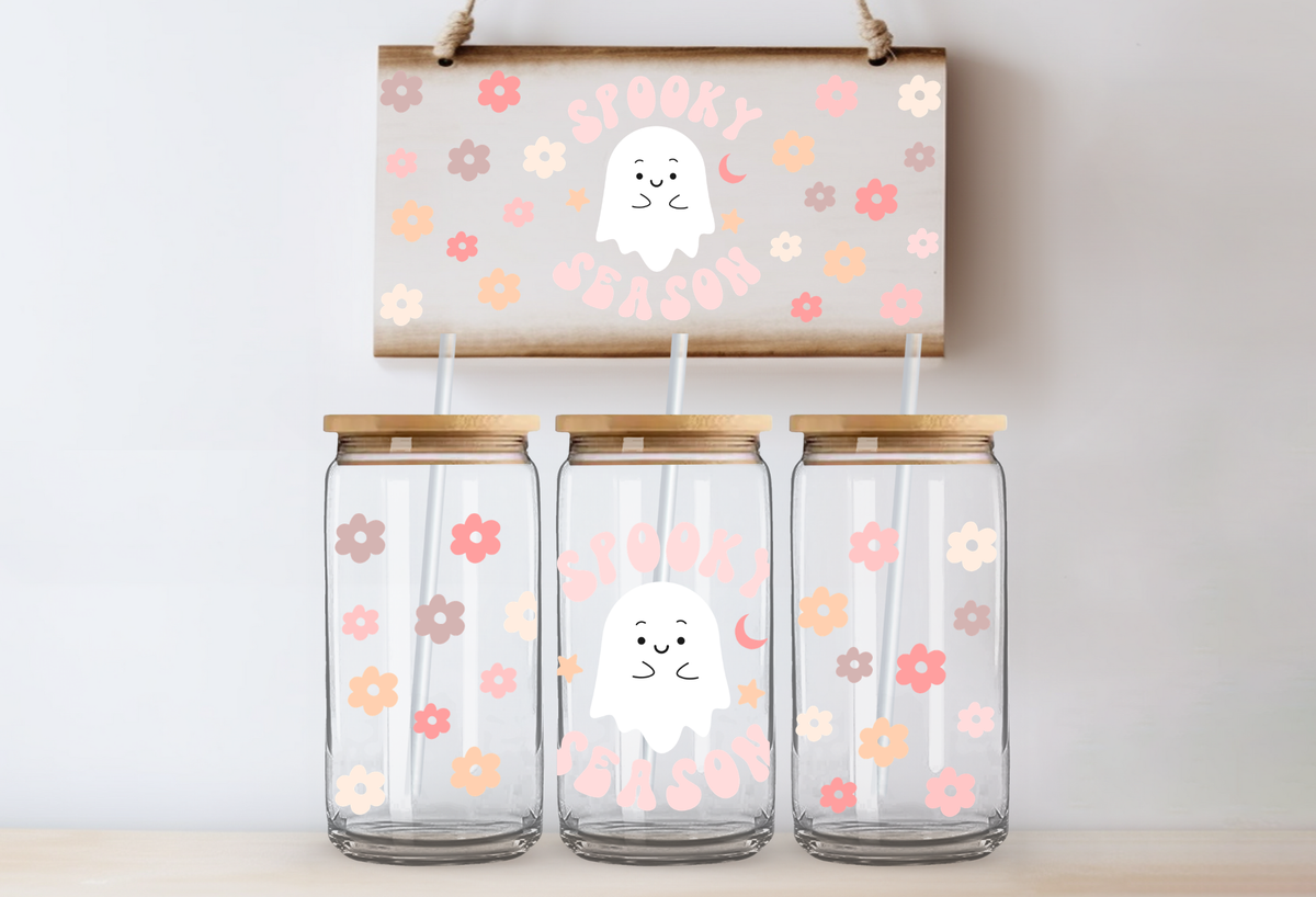 Pink Floral Ghost Spooky Season UVDTF 16oz Cup Wrap