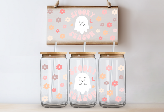Pink Floral Ghost Spooky Season UVDTF 16oz Cup Wrap
