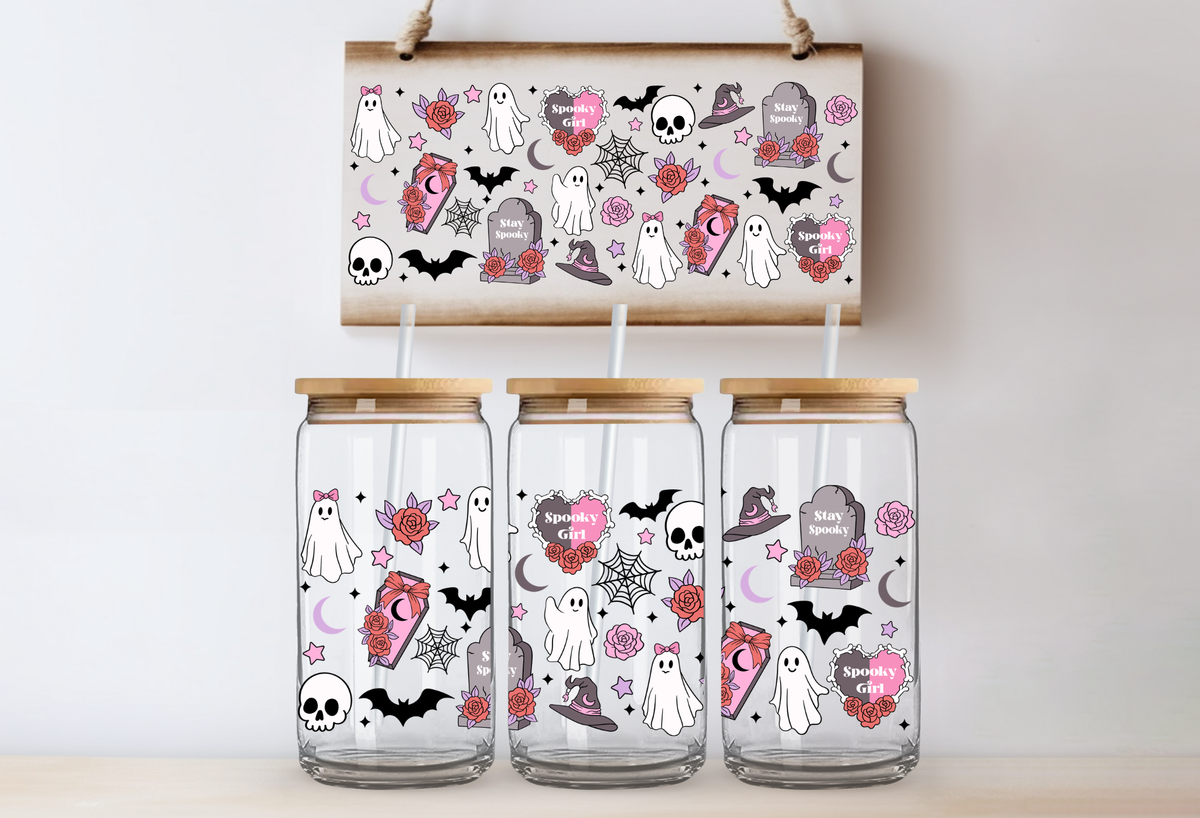 Pink Spooky Characters UVDTF 16oz Cup Wrap