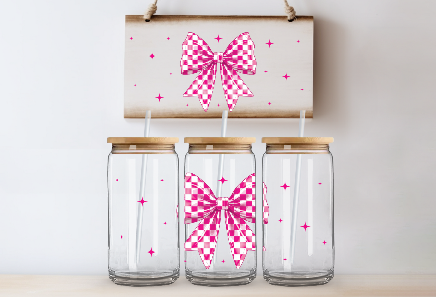 UVDTF 16oz CUP WRAP - Pink & White Checker Bow