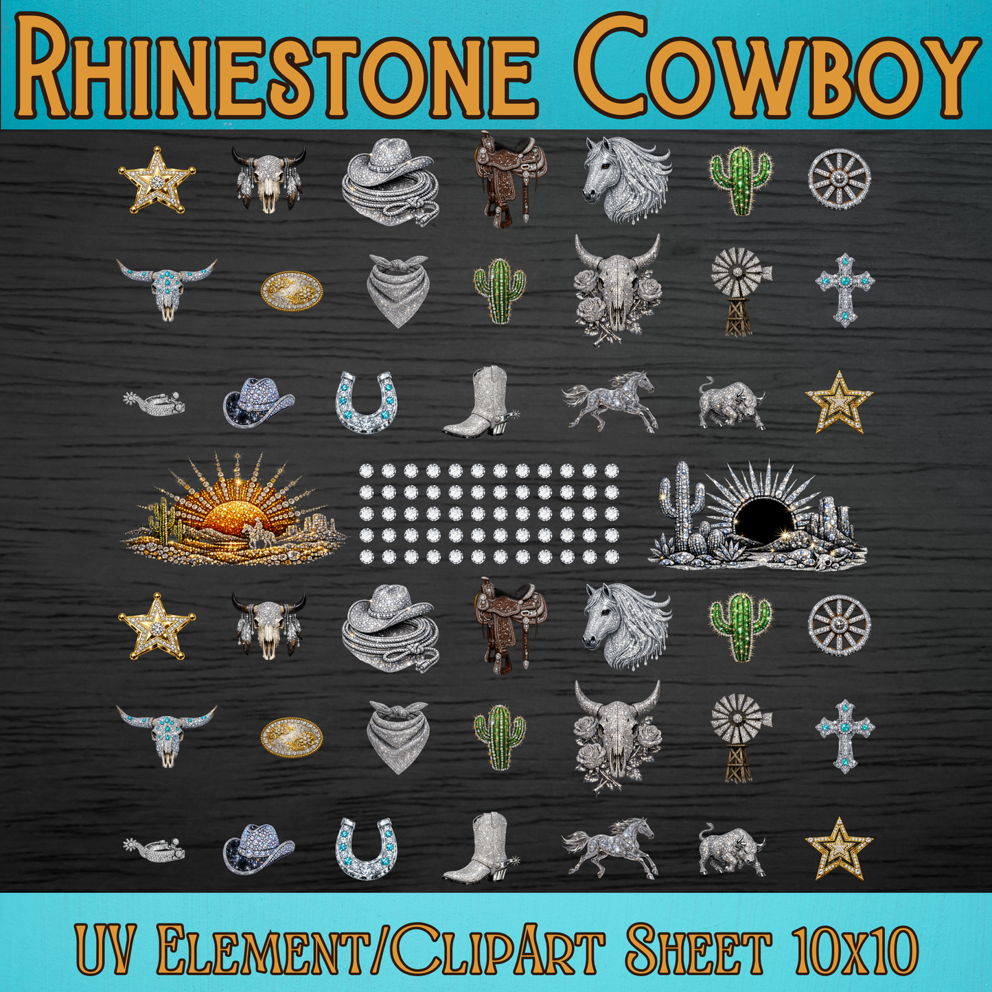 UVDTF 10x10 Element/Clipart Sheet - Rhinestone Cowboy