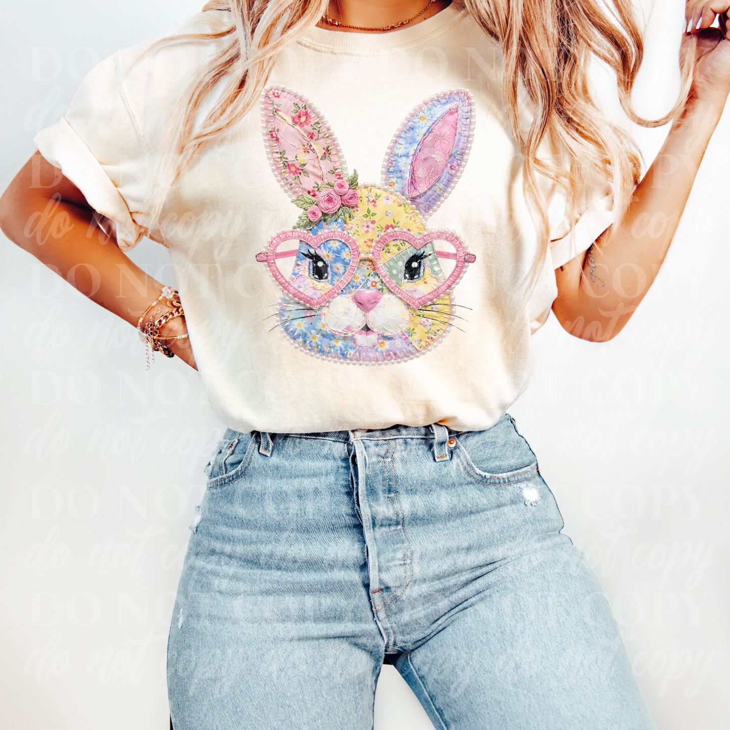 Patch work rabbit wearing glasses