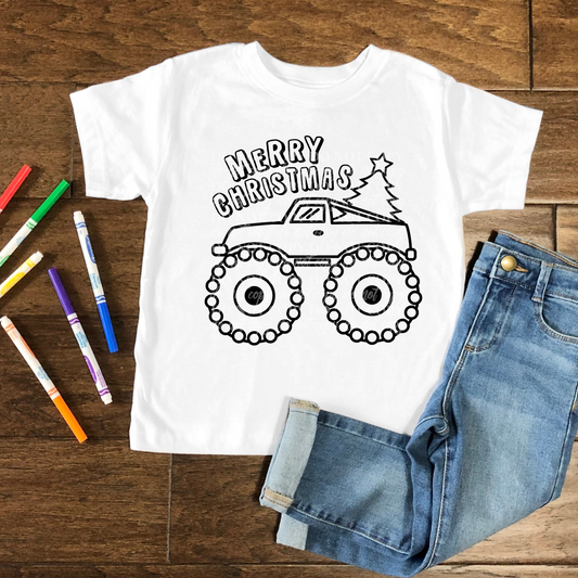 Merry Christmas- Kids Coloring Shirt Monster Truck