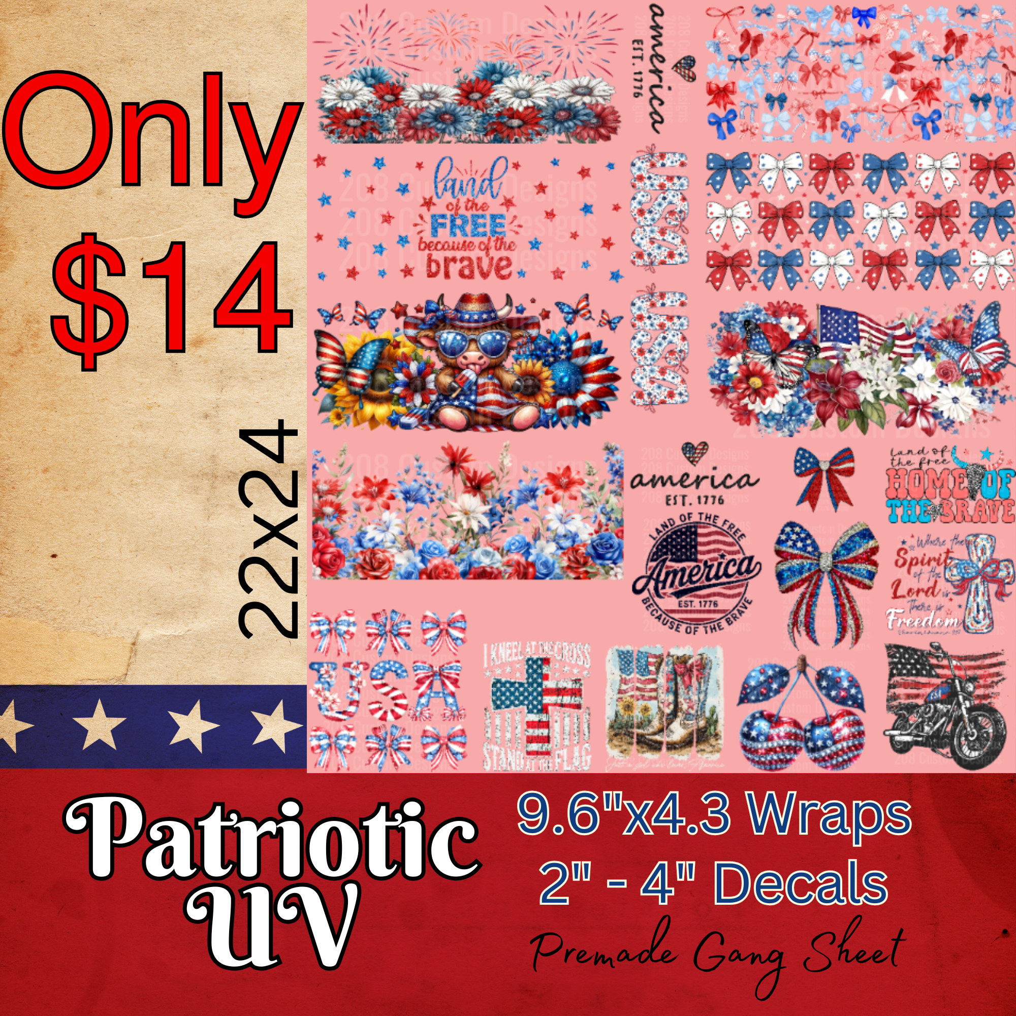 22x24 Patriotic Premade UV DTF – 208 Custom Designs