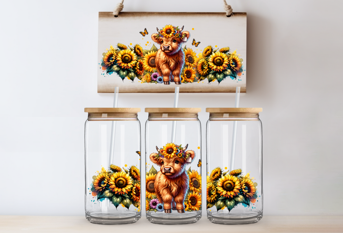 UVDTF 16oz CUP WRAP -Sunflower Crown Highland Cow (Full Body)