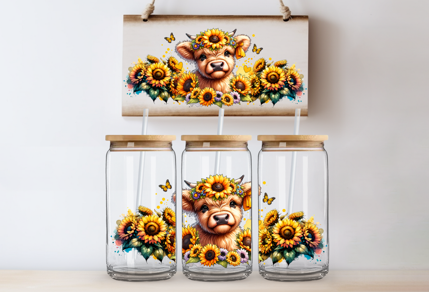 UVDTF 16oz CUP WRAP -Sunflower Baby Highland Cow (Close-Up)
