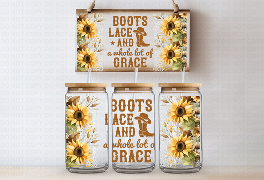 Boots Grace and a whole lot of Lace sunflowers UVDTF 16oz CUP WRAP