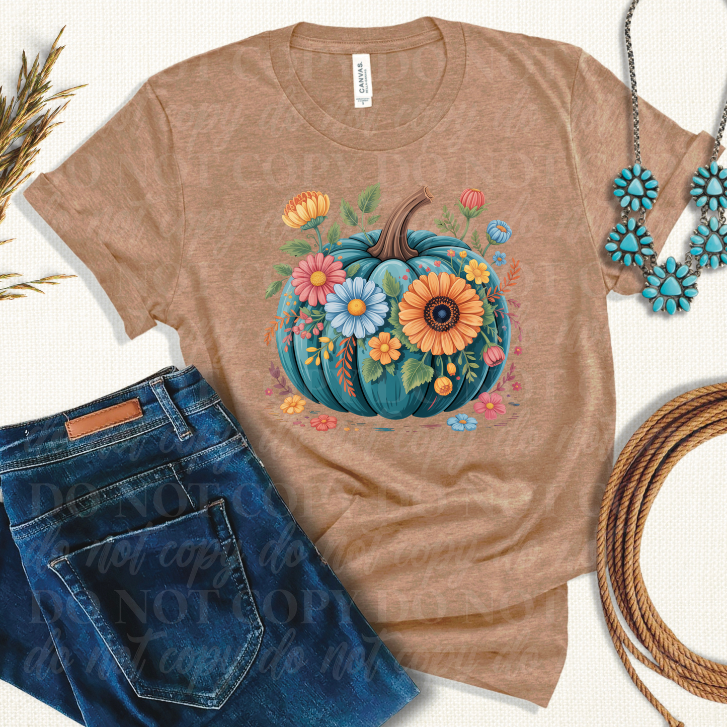 Blue Pumpkin With Fall Flowers