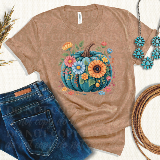 Blue Pumpkin With Fall Flowers