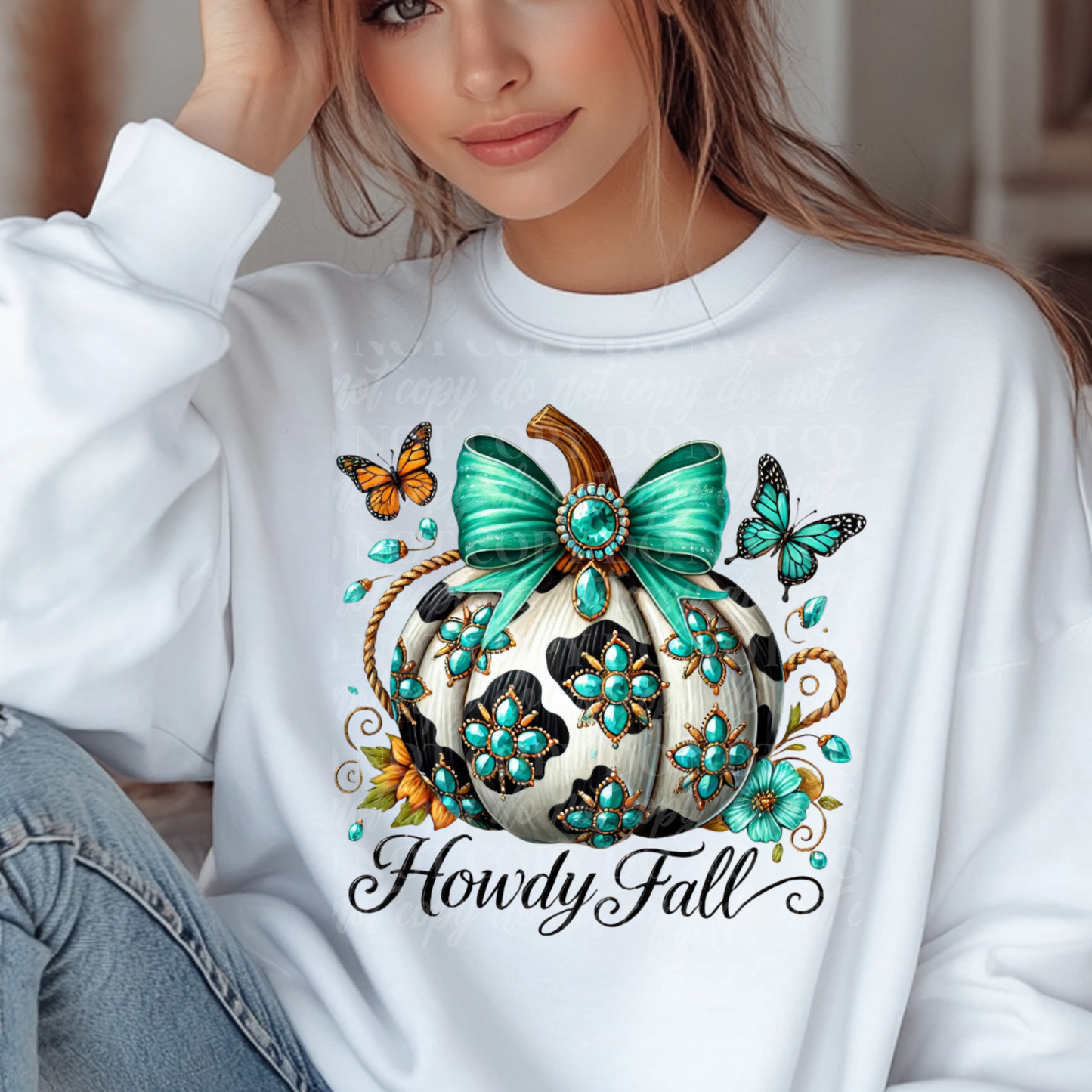 Howdy Fall-white pumpkin teal bow