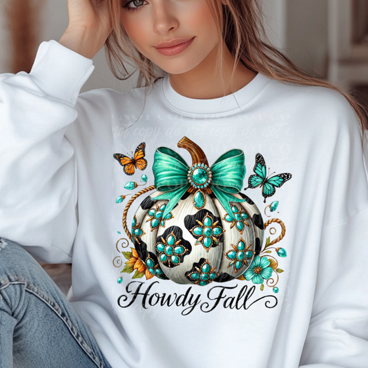 Howdy Fall-white pumpkin teal bow