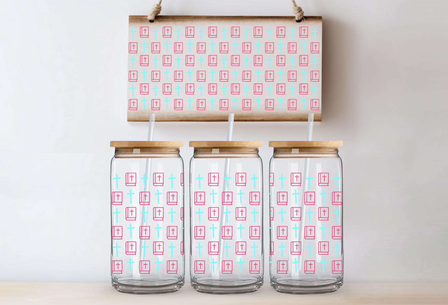 UVDTF 16oz CUP WRAP - Bibles and Crosses Pink and Blue