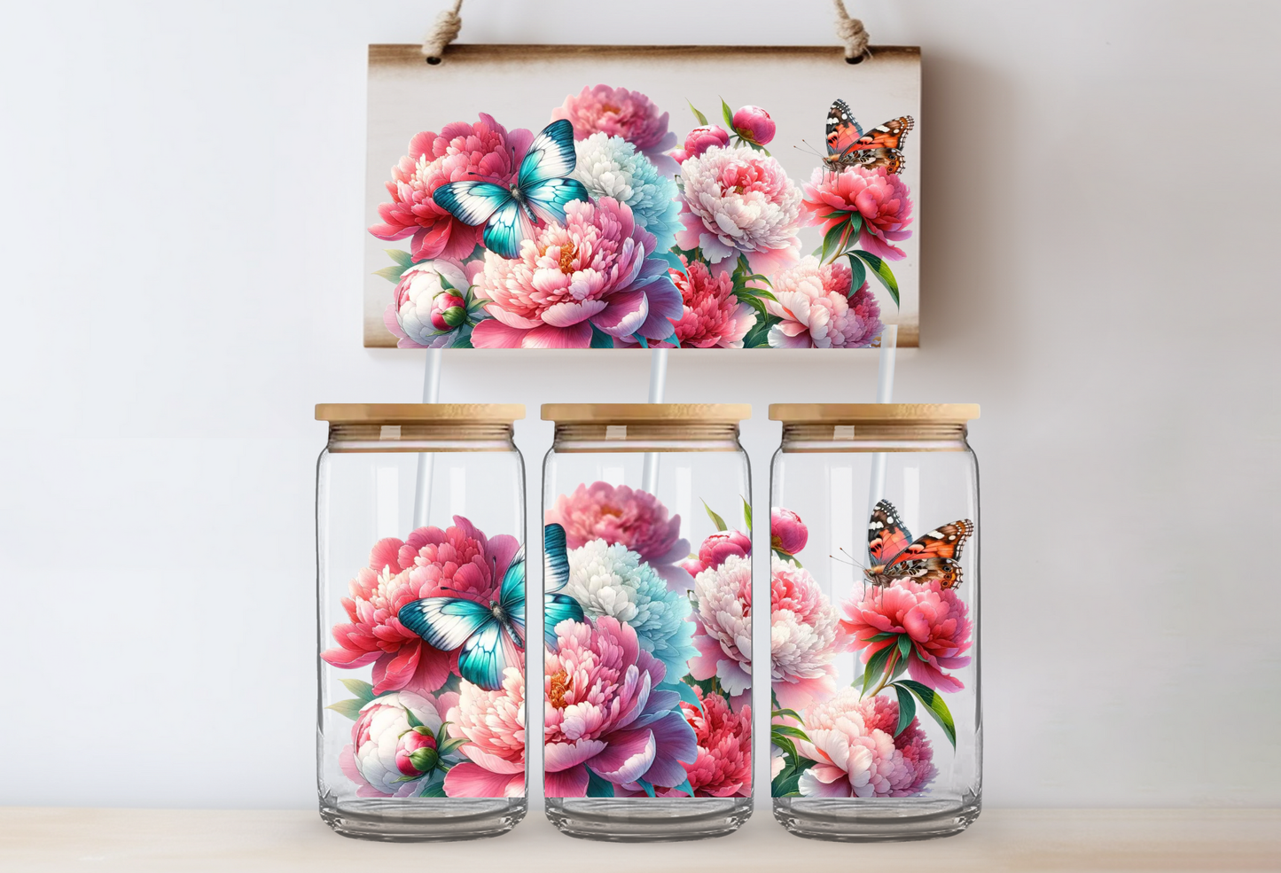 UVDTF 16oz CUP WRAP - Peonies with Butterfly