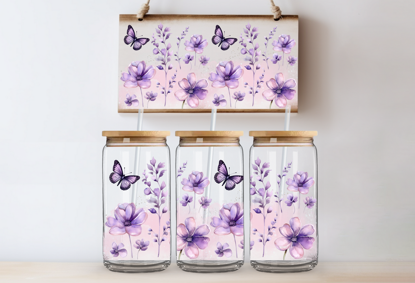 UVDTF 16oz CUP WRAP - Purple Flowers  with Butterflies