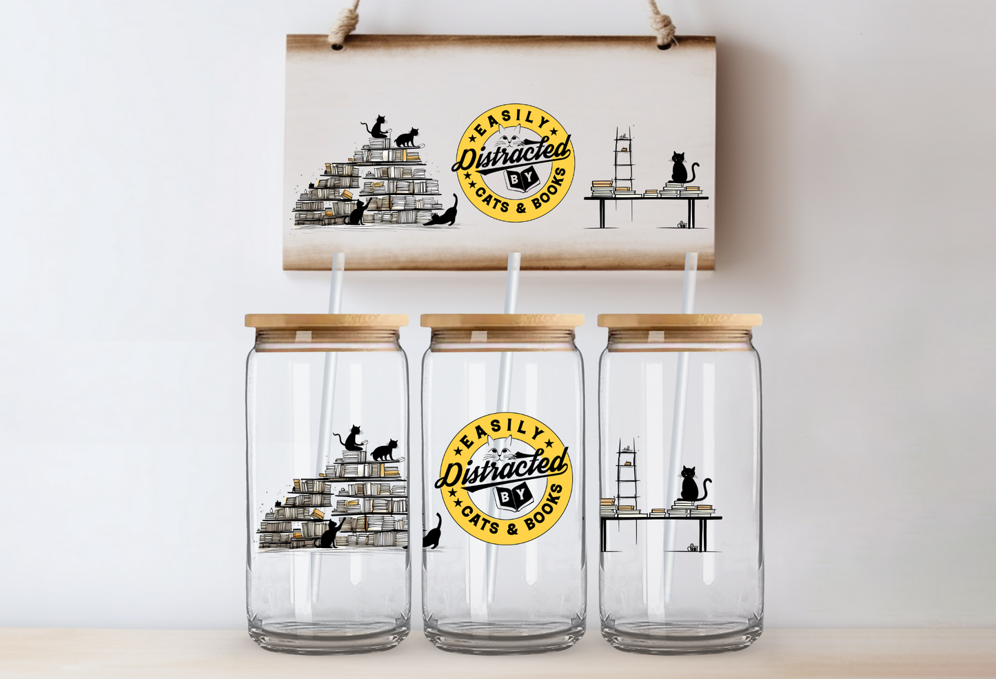 UVDTF 16oz CUP WRAP -Easily Distracted By Books & Cats