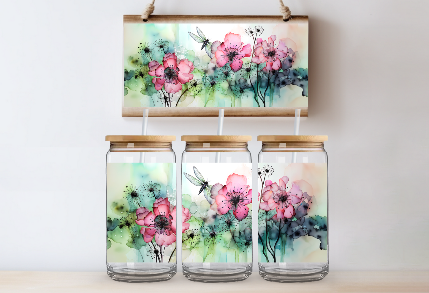 UVDTF 16oz CUP WRAP -Flowers & Dragonflies