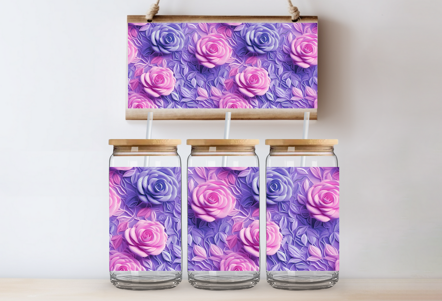 UVDTF 16oz CUP WRAP - Pink Purple Ombre 3D Roses