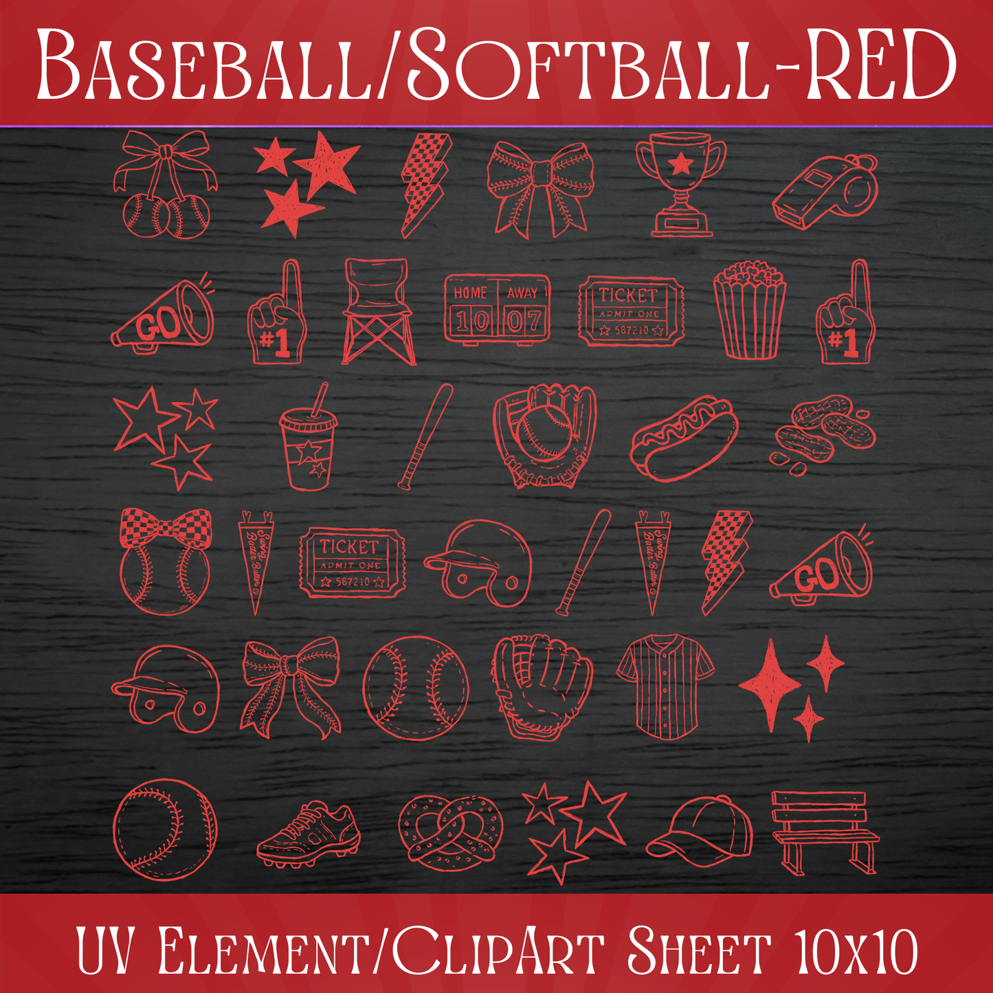UVDTF 10x10 Element/Clipart Sheet - Baseball/Softball RED