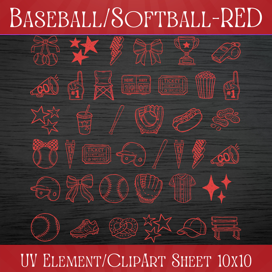 UVDTF 10x10 Element/Clipart Sheet - Baseball/Softball RED