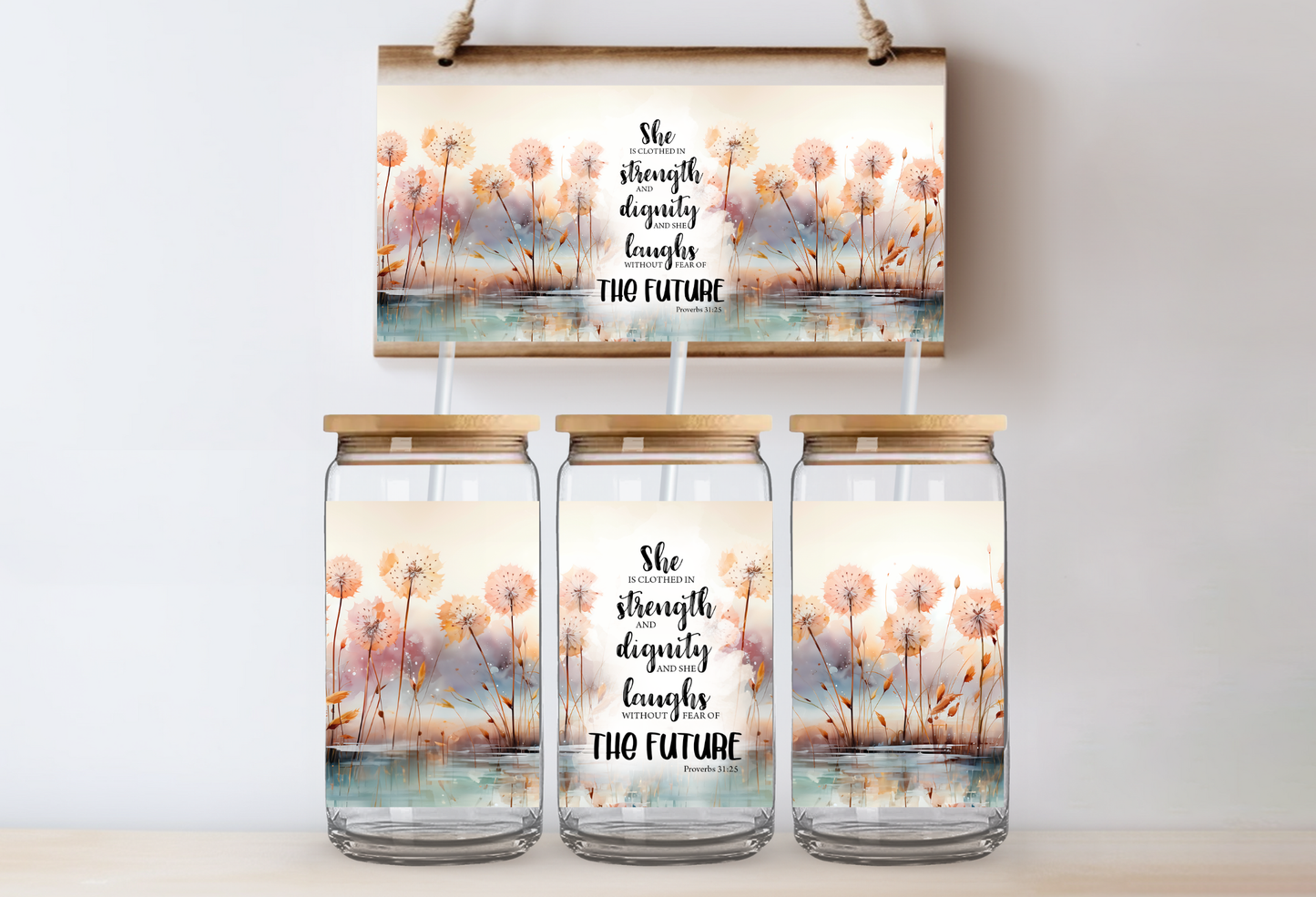 UVDTF 16oz CUP WRAP - She is Clothed in Strength Proverbs