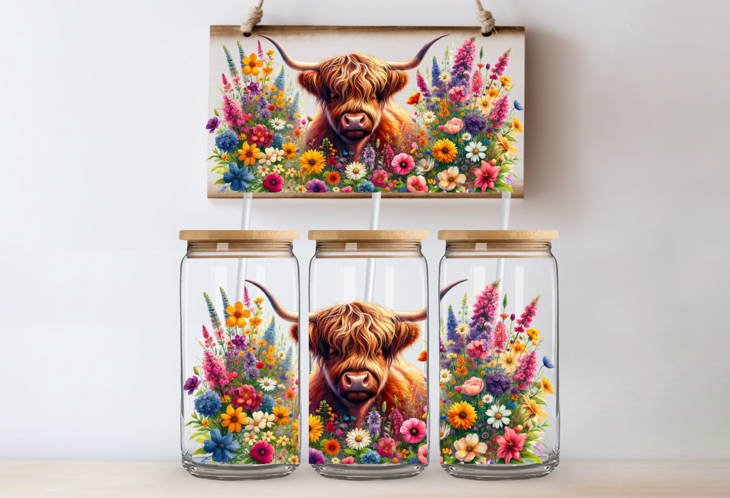 UVDTF 16oz CUP WRAP - Highland Cow & Colorful Flowers