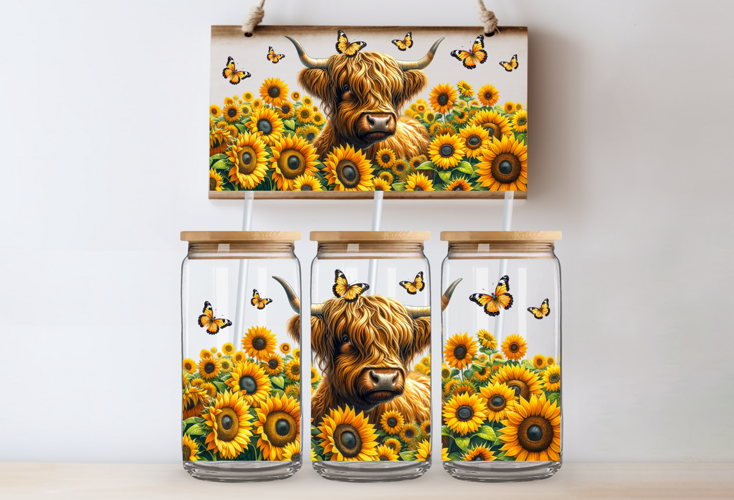 UVDTF 16oz CUP WRAP - Highland Cow, Sunflowers & Butterflies