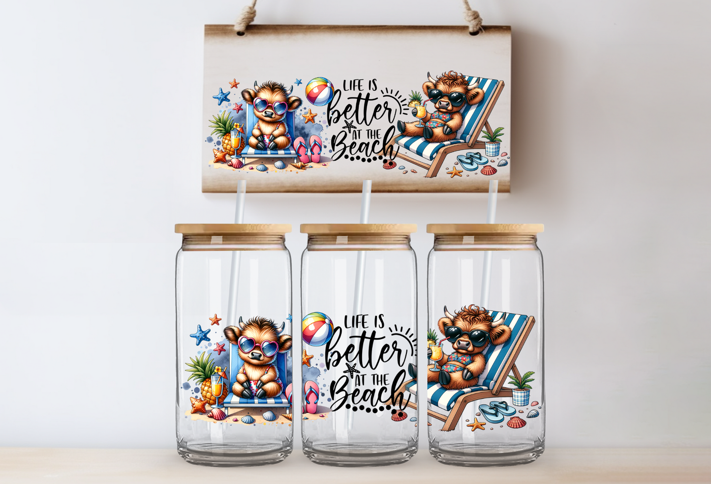 UVDTF 16oz CUP WRAP -Beach Day Highland Cow