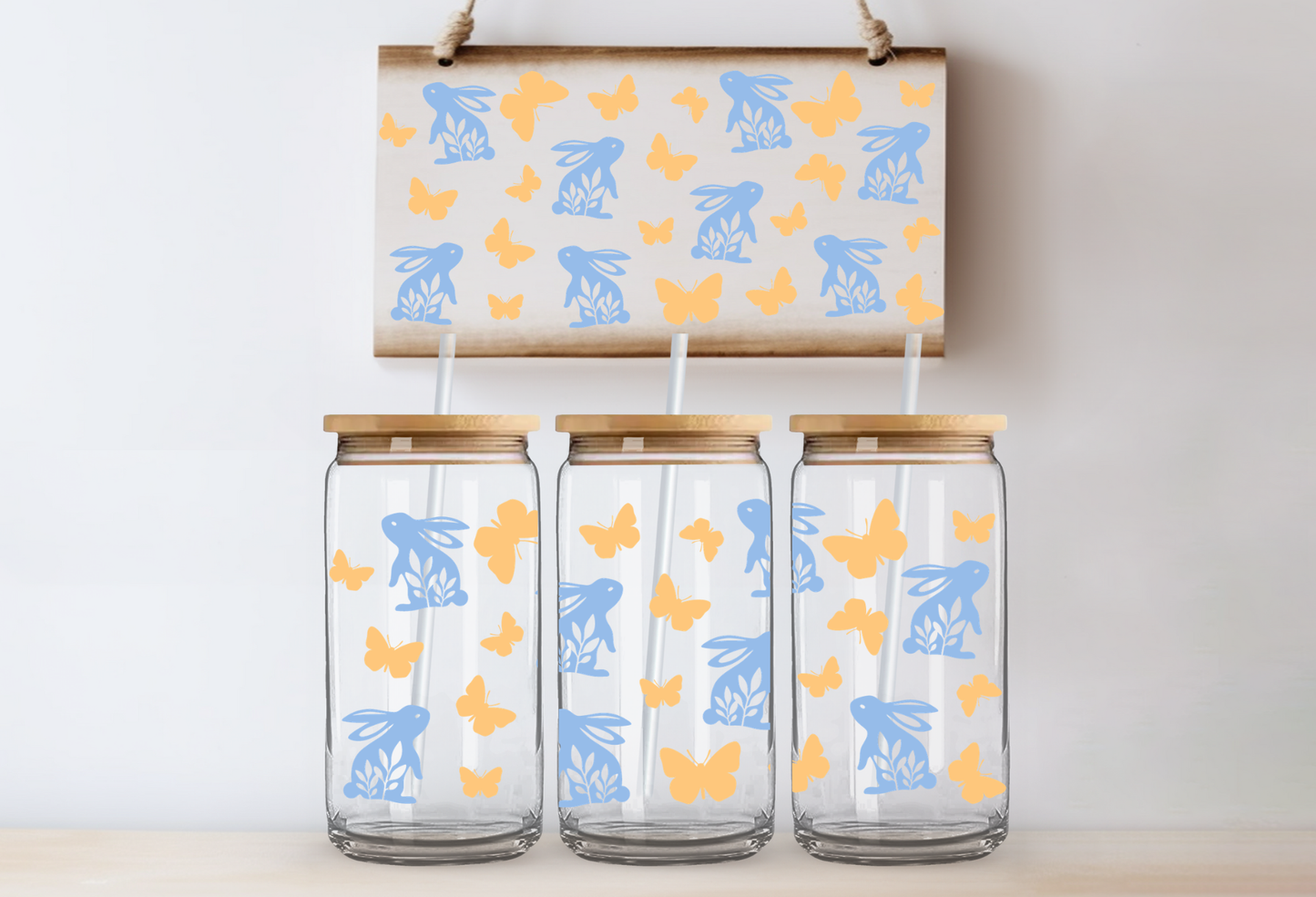 UVDTF 16oz CUP WRAP -Spring Bunny & Butterfly Pattern