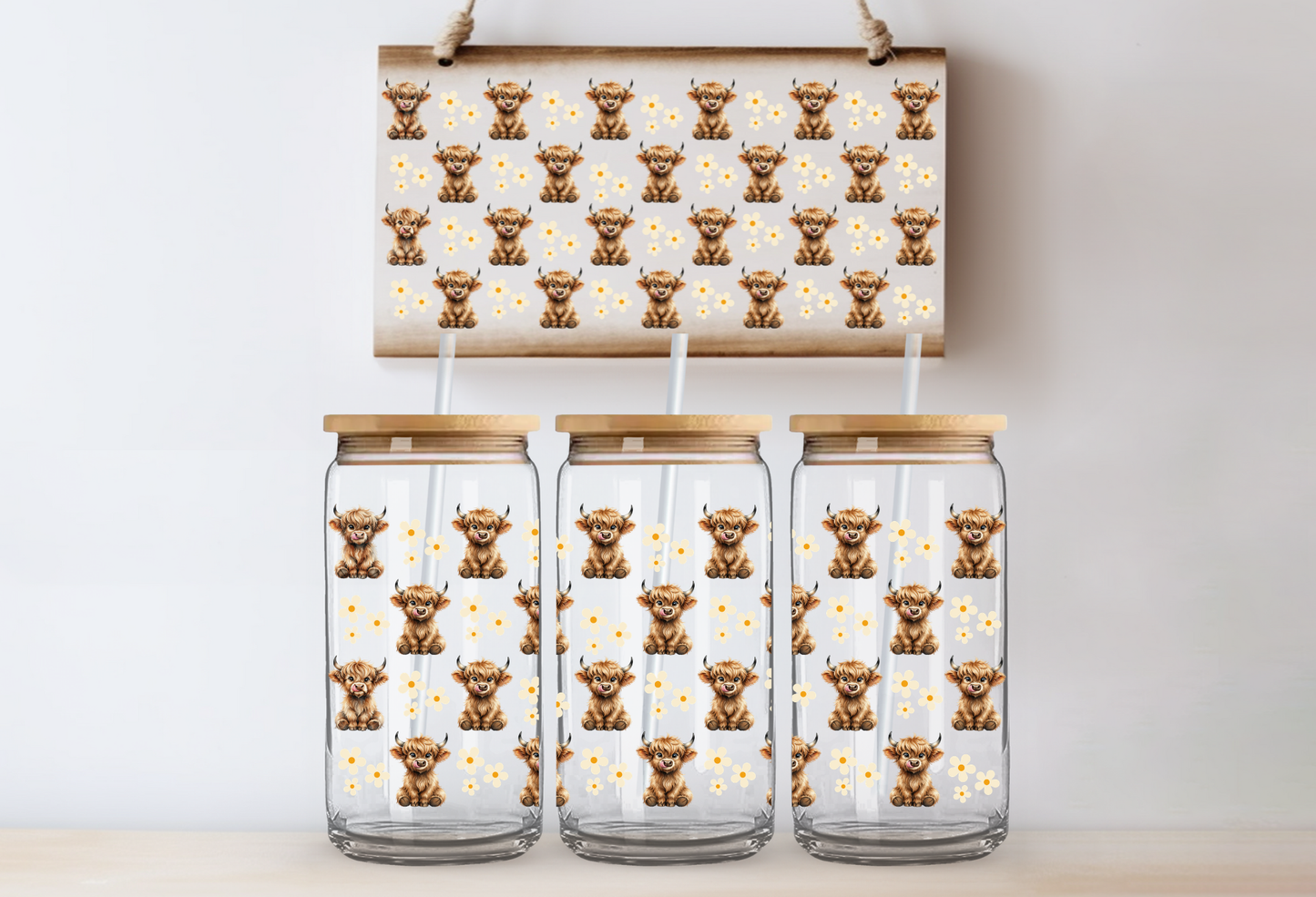 UVDTF 16oz CUP WRAP -Highland Cows and Flowers