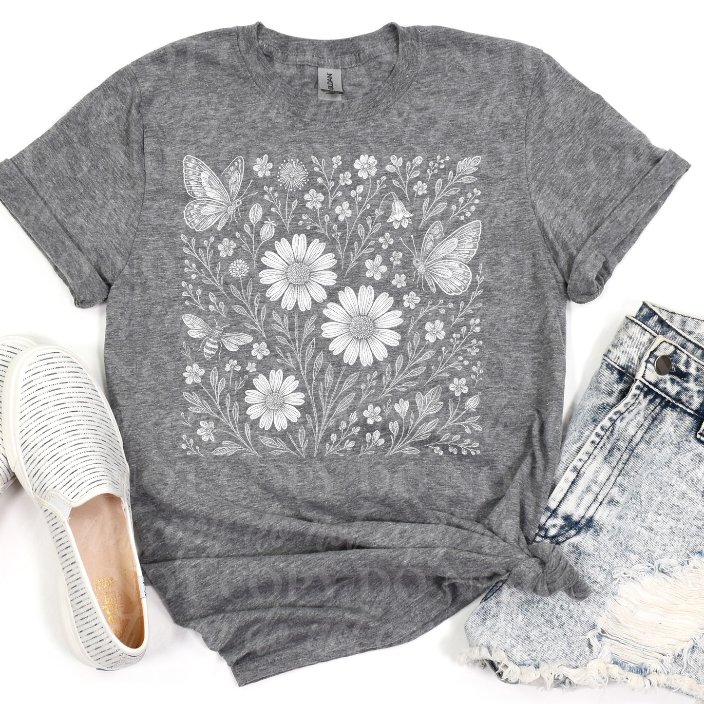 Flowers and Butterflies-white
