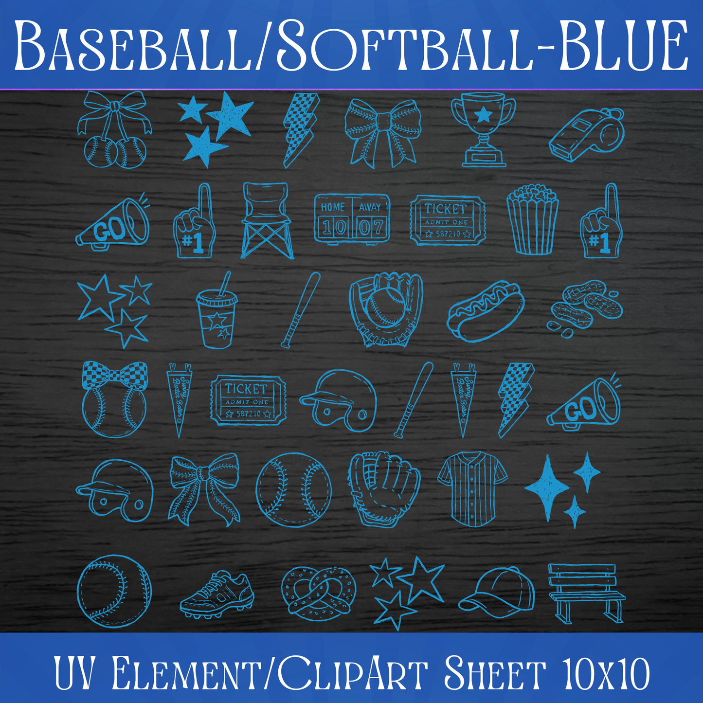 UVDTF 10x10 Element/Clipart Sheet - Baseball/Softball BLUE