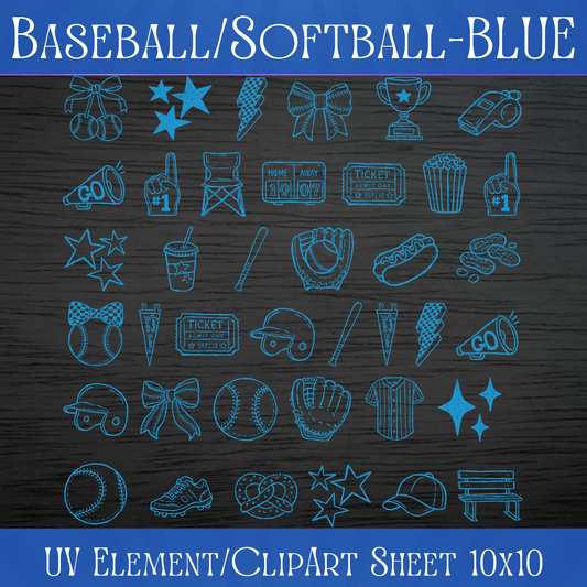 UVDTF 10x10 Element/Clipart Sheet - Baseball/Softball BLUE