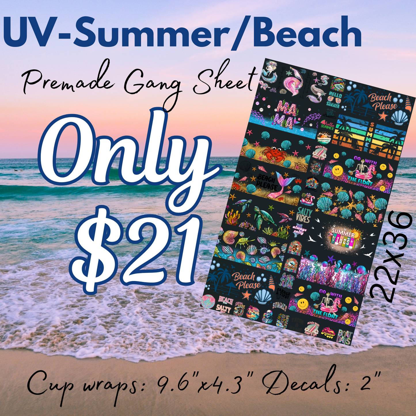 22x36 Summer/Beach Premade UV DTF