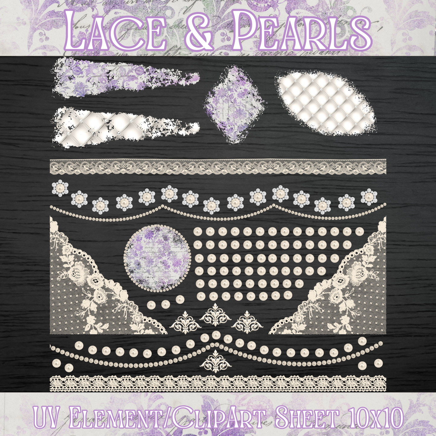UVDTF 10x10 Element/Clipart Sheet - Lace & Pearls
