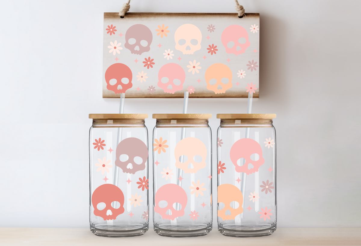 Pastel Skulls& Flowers UVDTF 16oz Cup Wrap