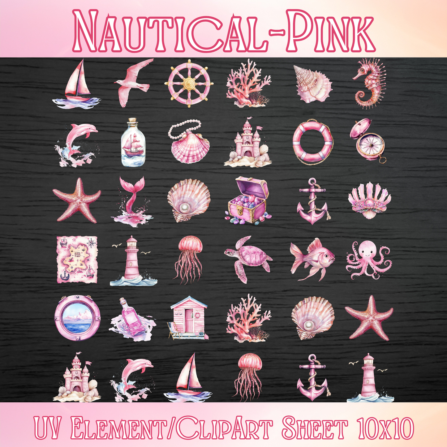UVDTF 10x10 Element/Clipart Sheet - Nautical Pink