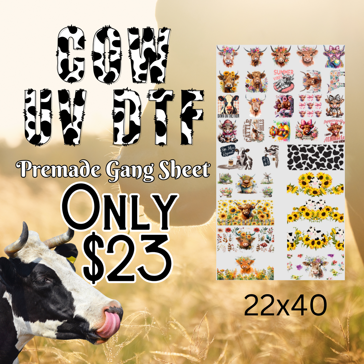 22x40 Cow Premade UV DTF