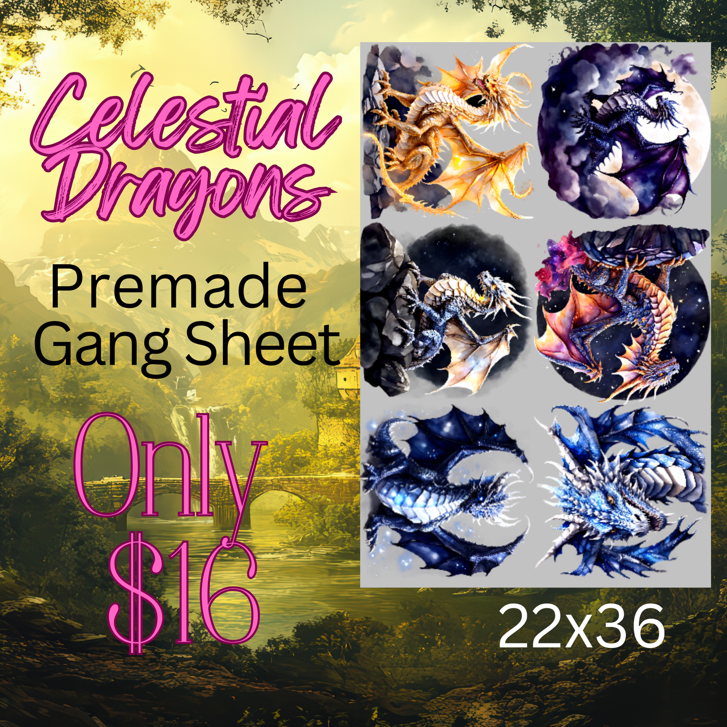 22x36 Celestial Dragons Premade DTF