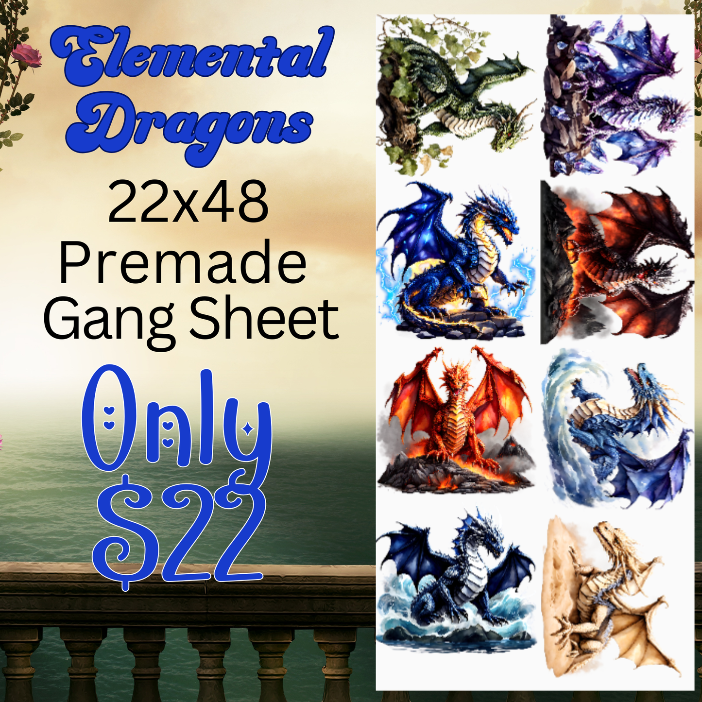22x48 Elemental Dragon Premade DTF