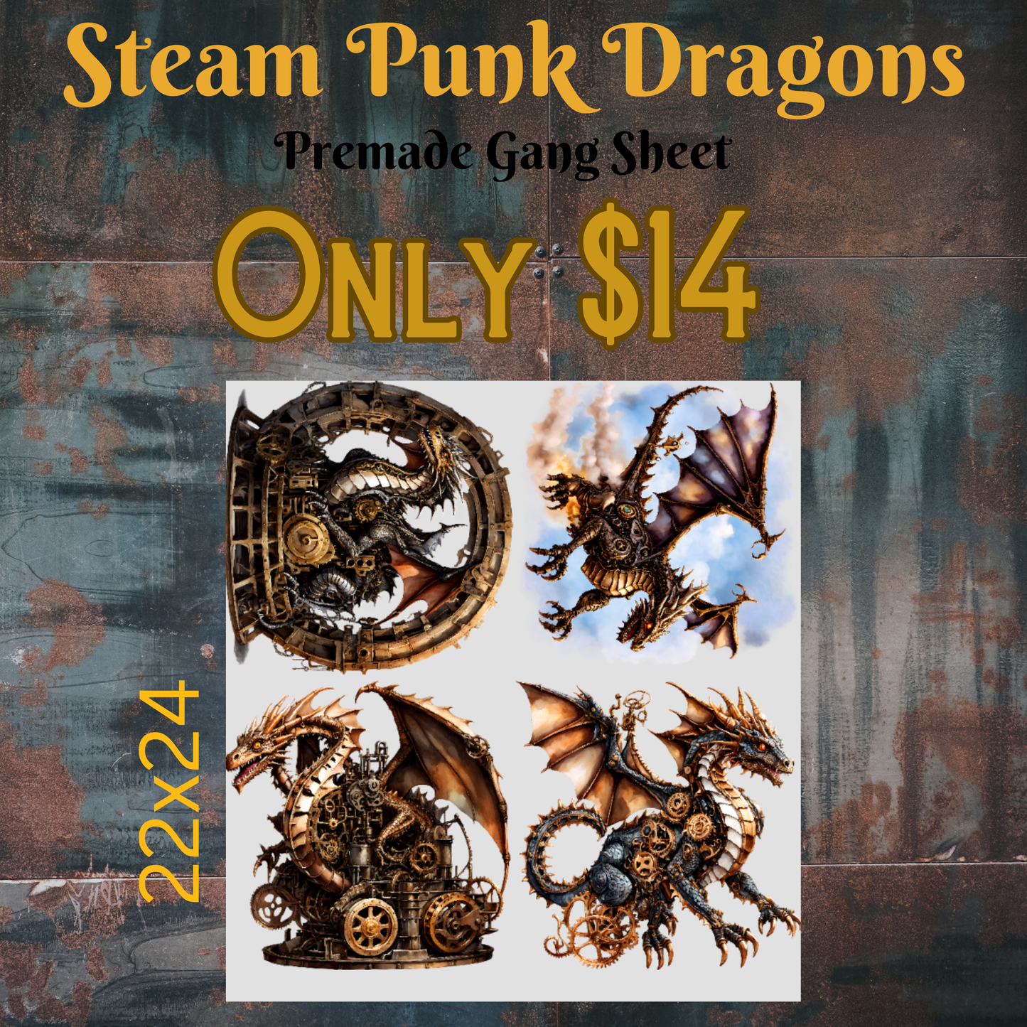 22x24 Steam Punk Dragons Premade DTF