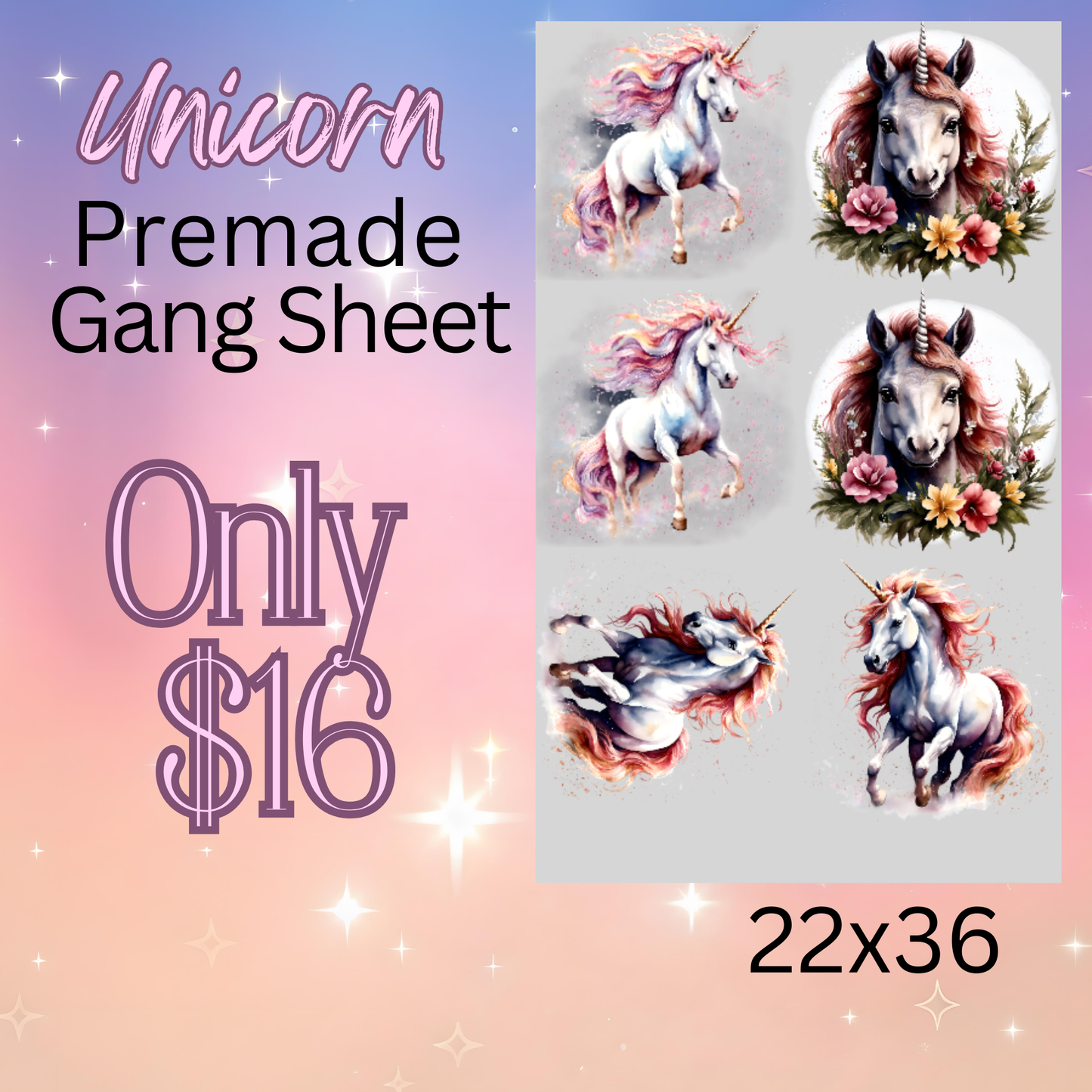 22x36 Unicorn Premade DTF