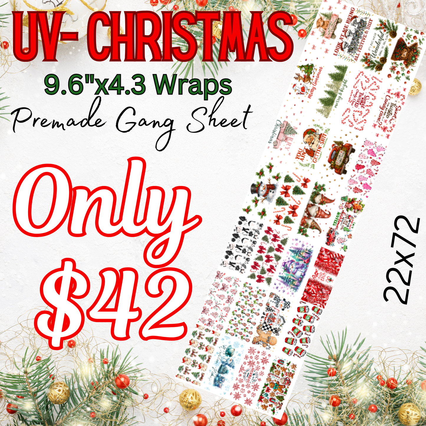 22x72 Christmas Cup Wraps Premade UV DTF