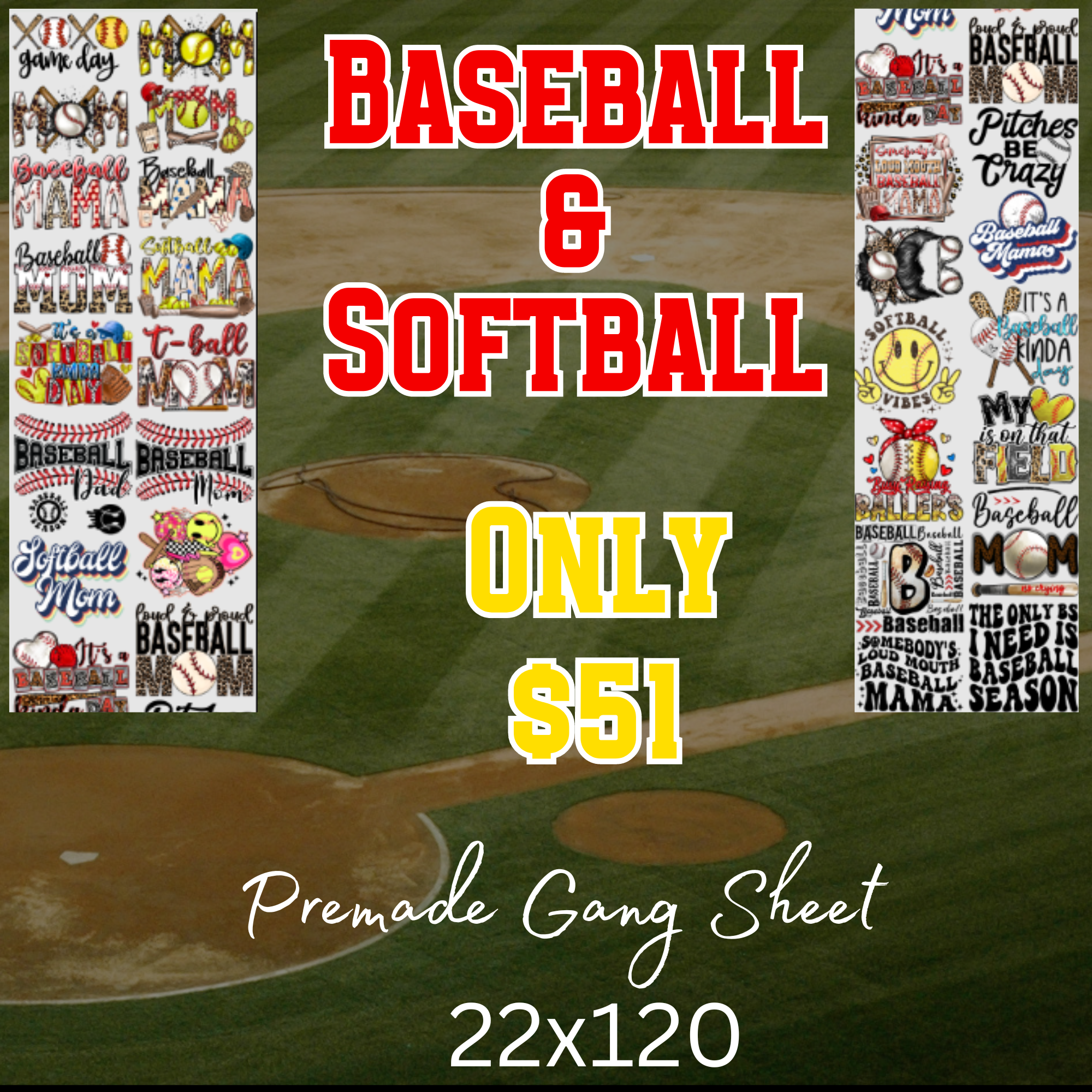 Softball & Baseball 22x120 Premade Gang Sheet – 208 Custom Designs