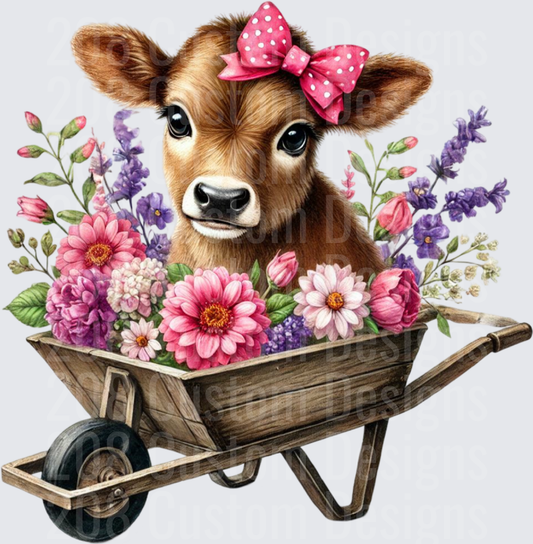 Adorable Cow with Pink Bow in Wheelbarrow Full of Spring Flowers